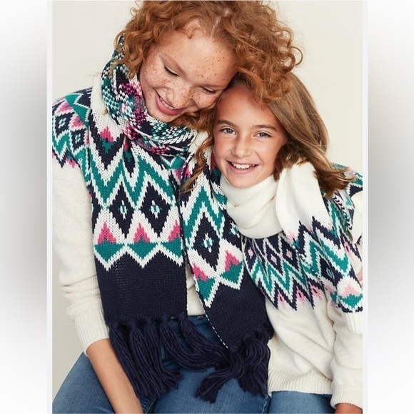 NWT Old Navy Warm Knit Fair Isle Scarf || 80” Long || Ivory w/ Pink Blue Green - Picture 2 of 14